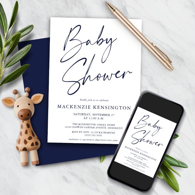 Invitation Baby shower de script simple bleu marine moderne (Modern Navy Blue Simple Script Baby Shower Invitation)