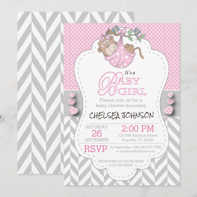 Invitation Baby shower de singe gris rose et blanc (Devant / Derrière)
