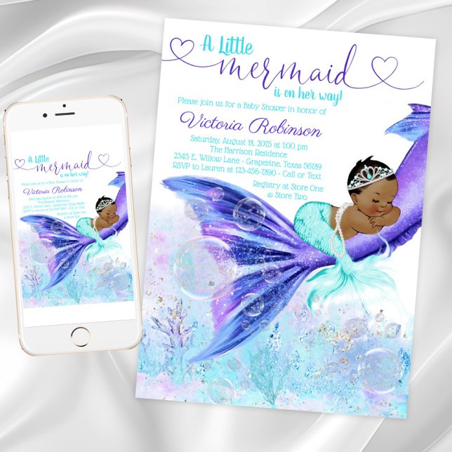 Invitation Baby shower de sirène afro-américain (Mermaid baby shower invitation with cute mermaid. Instant download and printed invitations available)