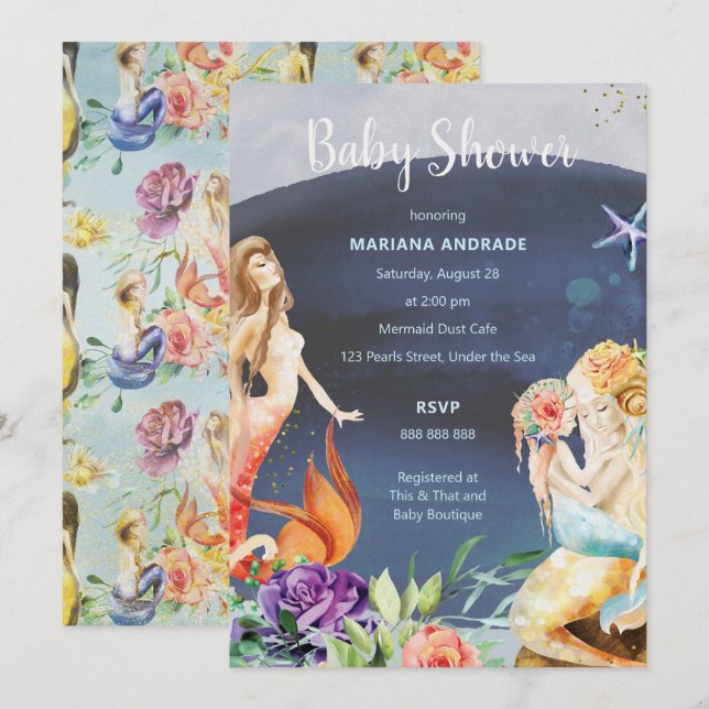 Invitation Baby shower De Sirène Océan Sous Mer Floral Girl (Devant / Derrière)