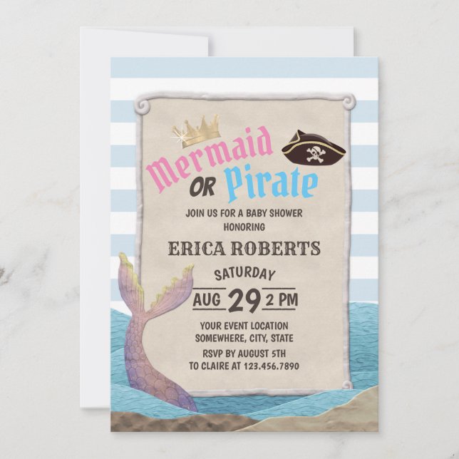 Invitation Baby shower de sirène ou de bandes bleues pirates (Devant)