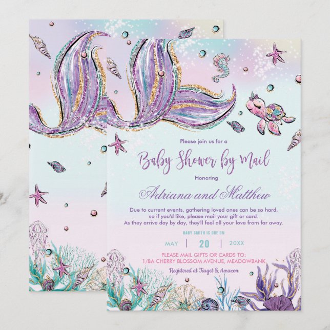 Invitation Baby shower de sirène par courrier sous le bébé ma (Devant / Derrière)