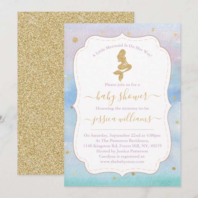 Invitation Baby shower de sirène Parties scintillant or (Devant / Derrière)