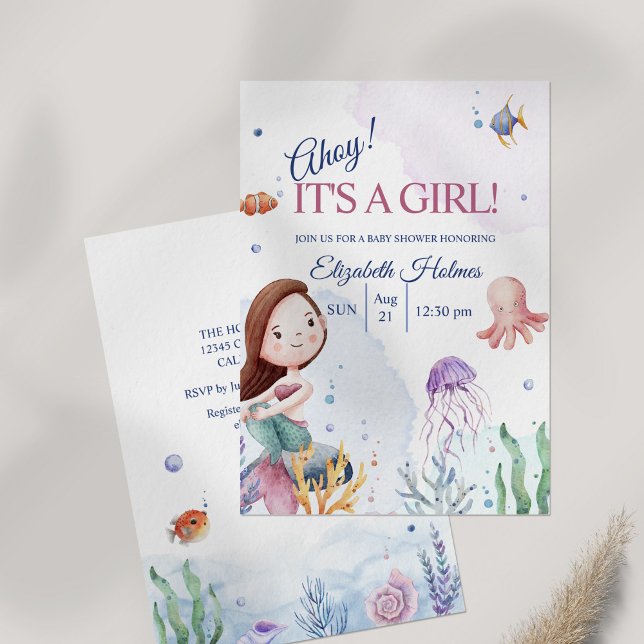 Invitation Baby shower de sirène Vie marine aquarelle (Watercolor Sealife Mermaid Baby Shower Invitation on table.)