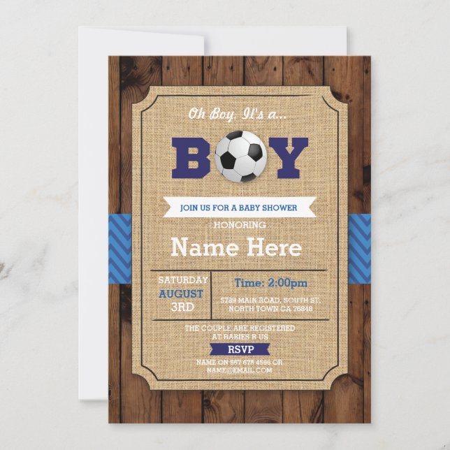 Invitation Baby shower de soccer Boy Blue Wood Football Invit (Devant)
