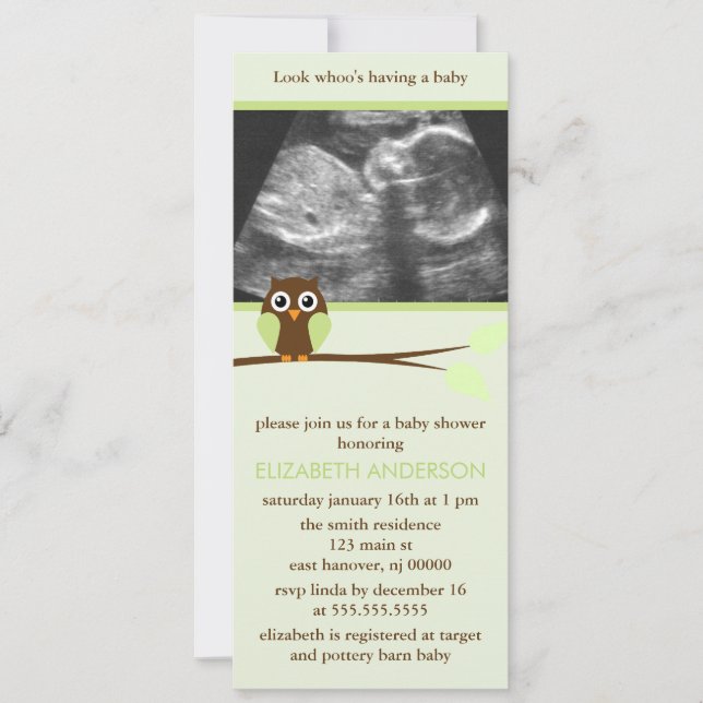 Invitation Baby shower de sonogramme de la Chouette verte (Devant)