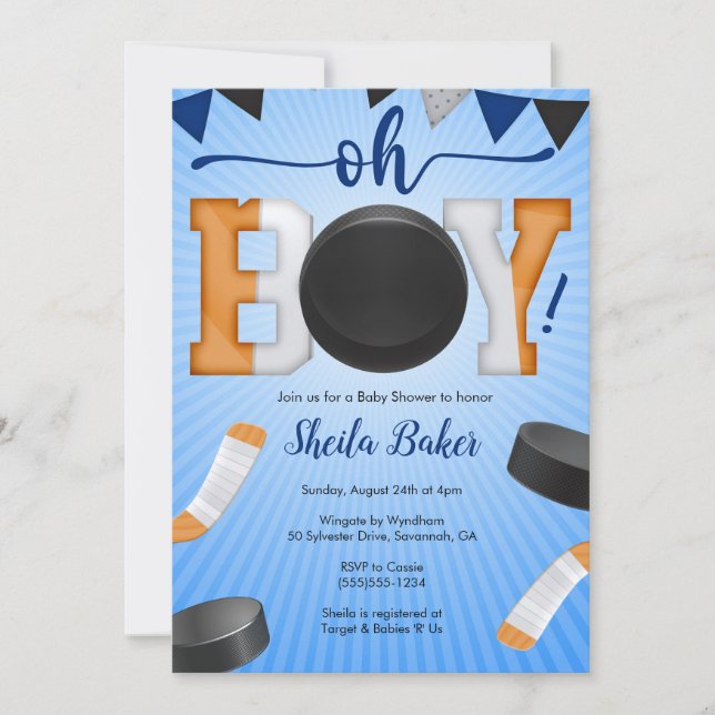 Invitation Baby shower de sport de hockey - Oh Boy (Devant)