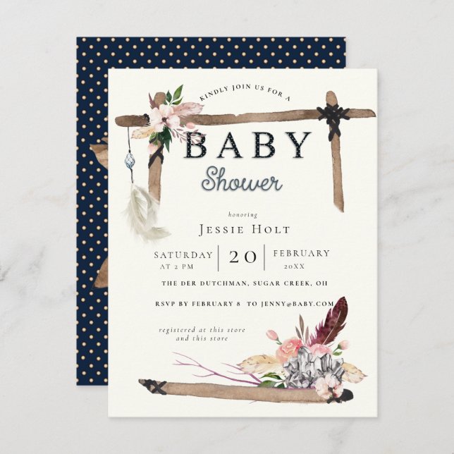 Invitation Baby shower de style boho occidental (Devant / Derrière)