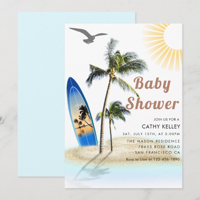 Invitation Baby shower de surf de plage de marque personnalis (Devant / Derrière)