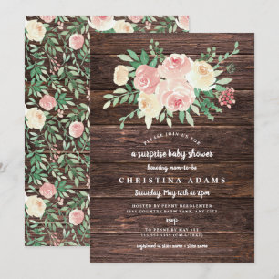 Invitation Baby shower de surprise Floral Rustic Wood Blush