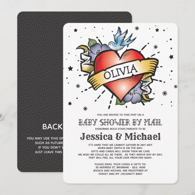Invitation Baby shower de tatouage cardiaque par courrier (Devant / Derrière)