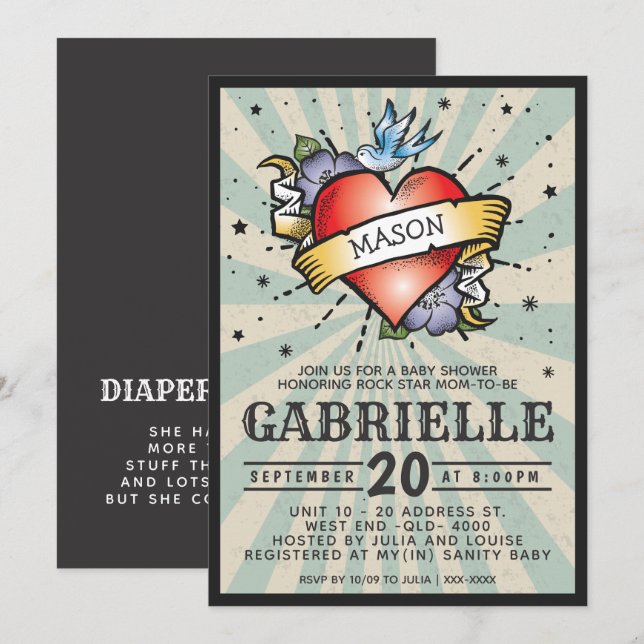 Invitation Baby shower de tatouage Rock et Roll Baby Name (Devant / Derrière)