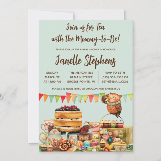Invitation Baby shower de Tea Party pour animaux de bois (Devant)