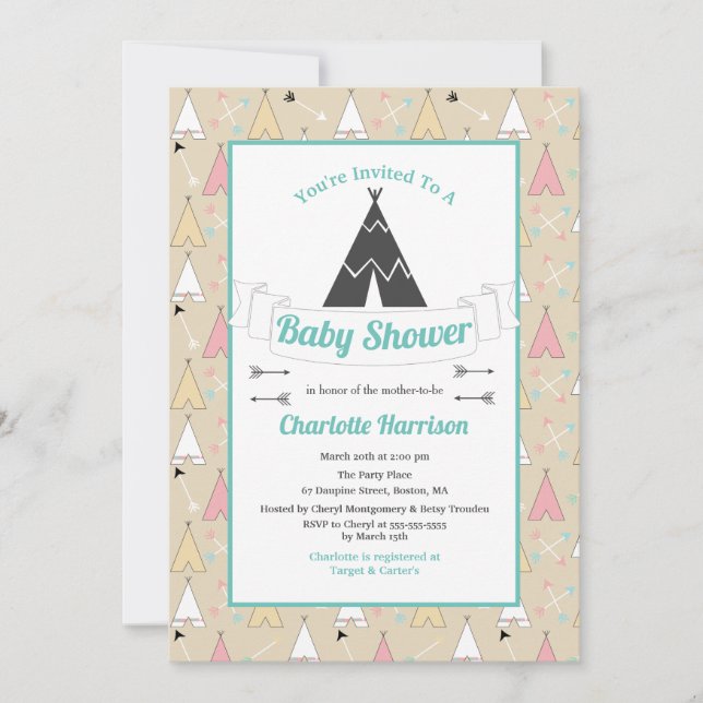 Invitation Baby shower de Teepees & Flèches Pastel de Bohême (Devant)