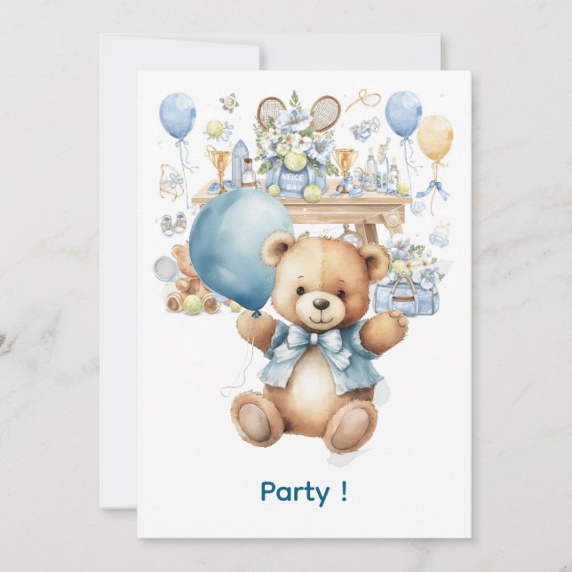 Invitation Baby shower de tennis pour bébé garçon bleu thème (Devant)