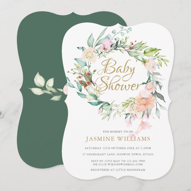 Invitation Baby shower de terrain boisé Rose / Saupoudrer (Devant / Derrière)