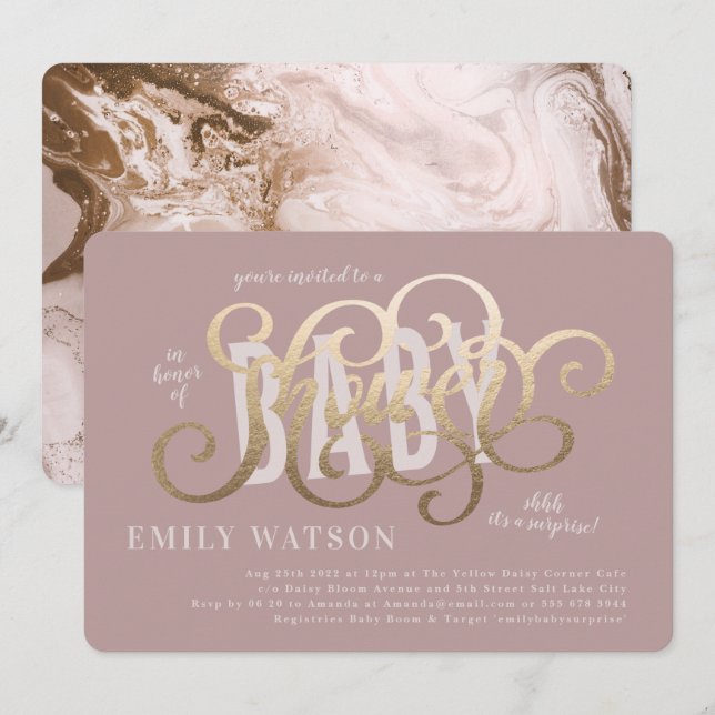Invitation Baby shower de texte blanc rose blanc or moderne (Devant / Derrière)