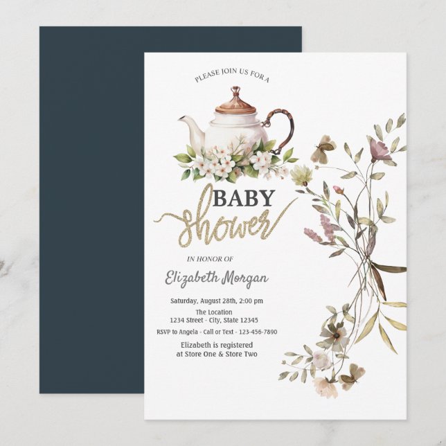 Invitation Baby shower de thé Fleur sauvage aquarelle (Devant / Derrière)