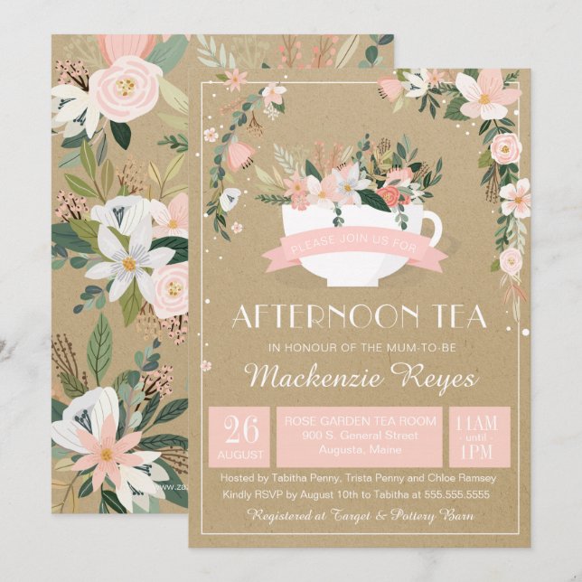 Invitation Baby shower de thé floral après-midi (Devant / Derrière)