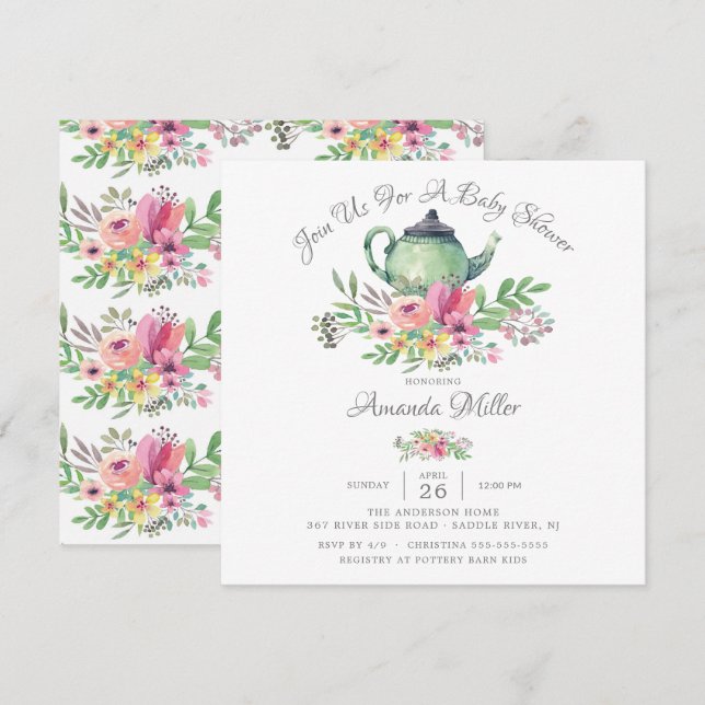 Invitation Baby shower de théière florale Aquarell (Devant / Derrière)