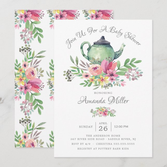 Invitation Baby shower de théière florale Aquarell (Devant / Derrière)