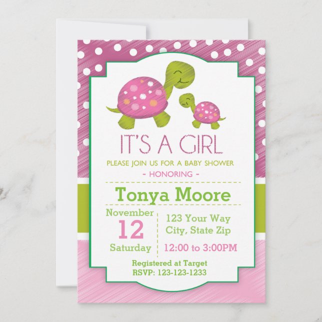 Invitation Baby shower de tortue rose (Devant)