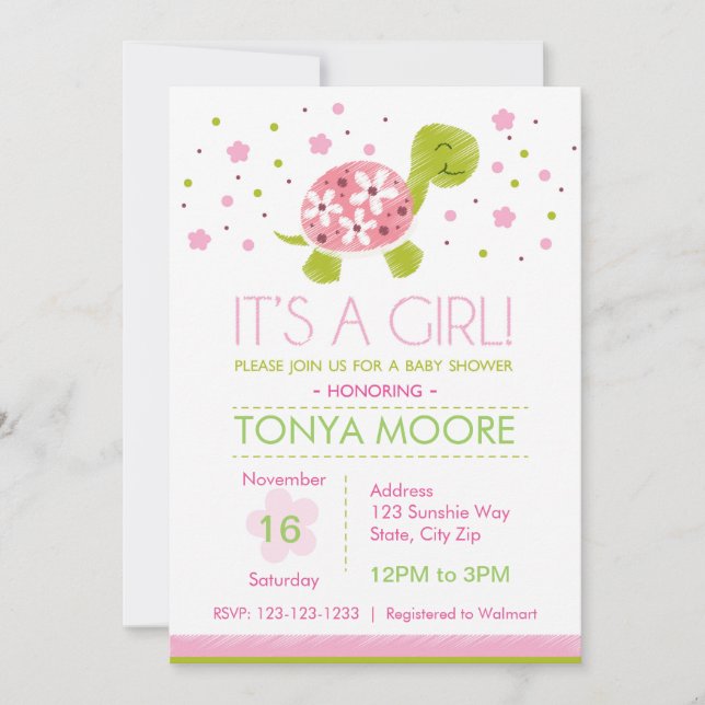 Invitation Baby shower de tortue rose (Devant)