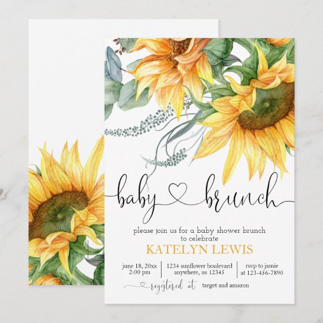 Invitation Baby shower de tournesol Brunch (Devant / Derrière)
