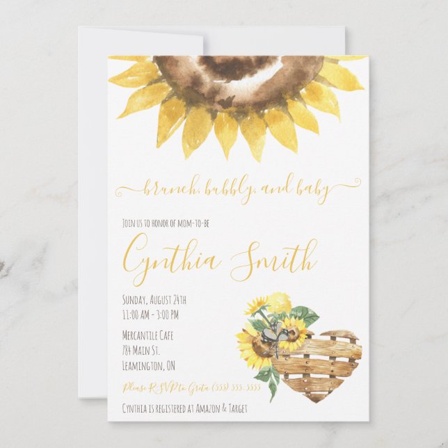 Invitation Baby shower de tournesol Brunch, Bubbly & Baby (Devant)