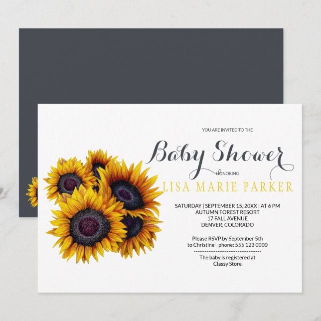 Invitation Baby shower de tournesol doré de classe estivale (Devant / Derrière)