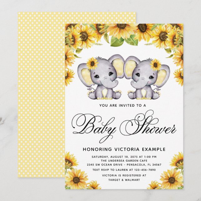 Invitation Baby shower de tournesol Eléphant Twin Girl (Devant / Derrière)