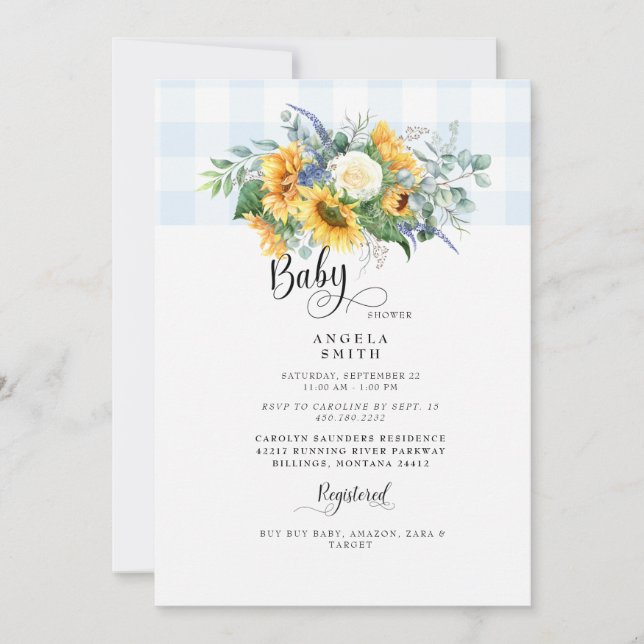 Invitation Baby shower de tournesol En vichy bleu clair doux (Devant)
