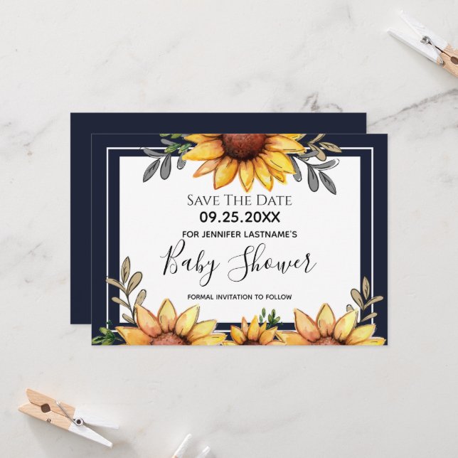 Invitation Baby shower de tournesol Enregistrer la date Invit (Devant/Arrière en situation)