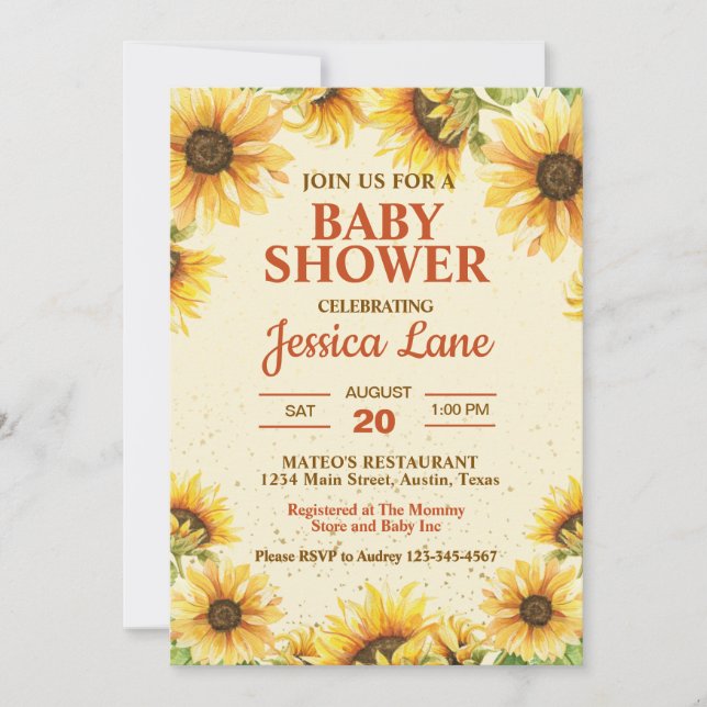 Invitation Baby shower de tournesol jaune rustique et Brown (Devant)