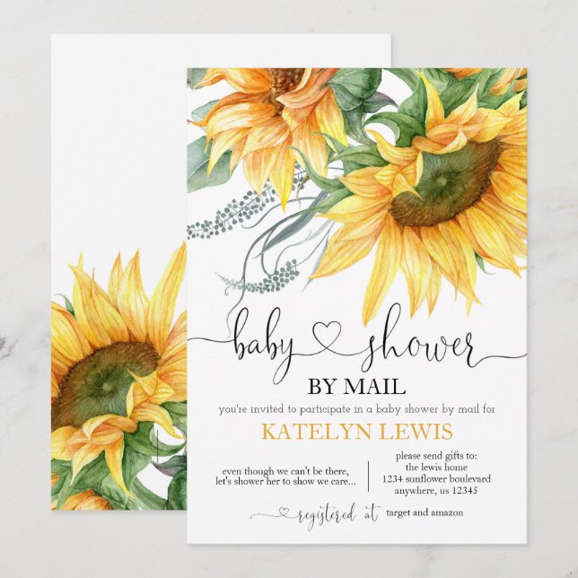 Invitation Baby shower de tournesol par courrier (Devant / Derrière)