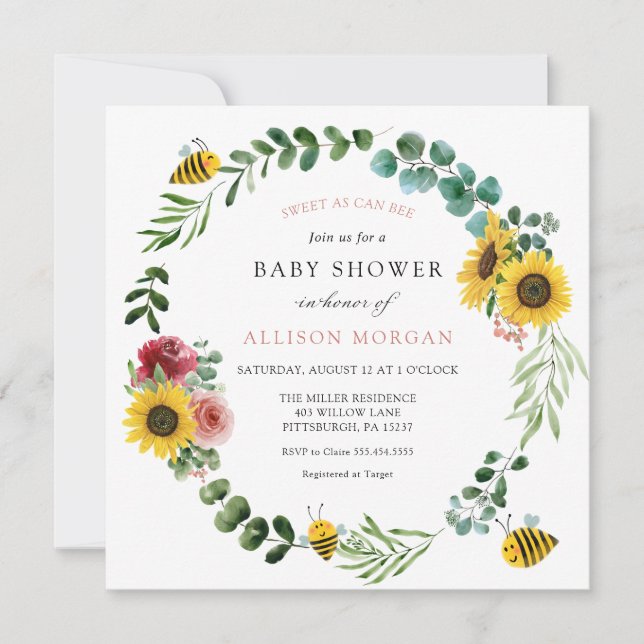 Invitation Baby shower De Tournesol Rose (Devant)