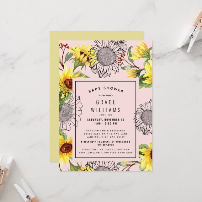 Invitation Baby shower de tournesol rose et jaune (Devant/Arrière en situation)