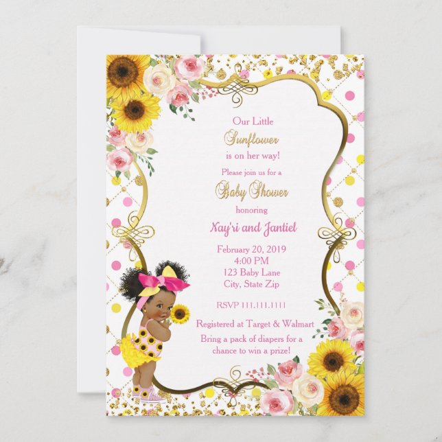 Invitation Baby shower de tournesol, rose et jaune (Devant)