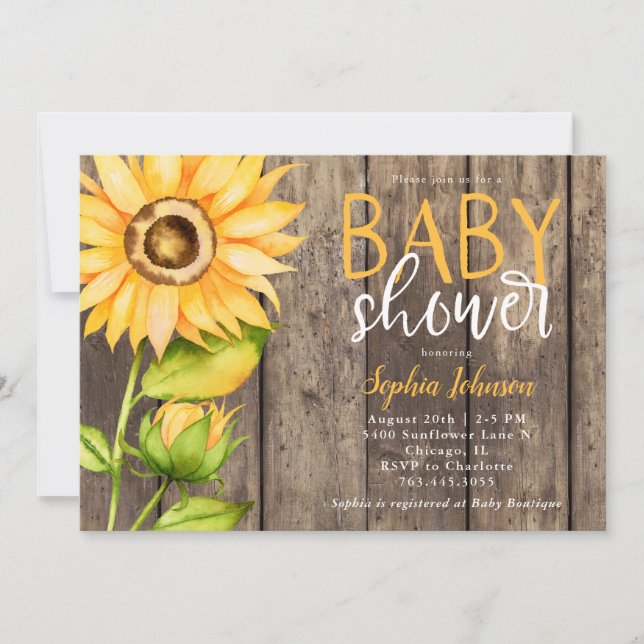 Invitation Baby shower de tournesol rustique (Devant)