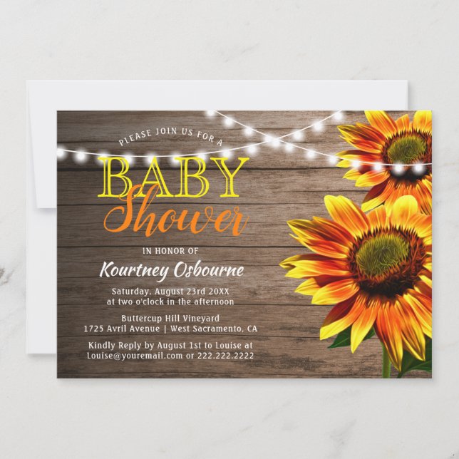 Invitation Baby shower de tournesol rustique (Devant)