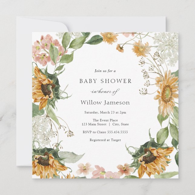 Invitation Baby shower de tournesol rustique (Devant)