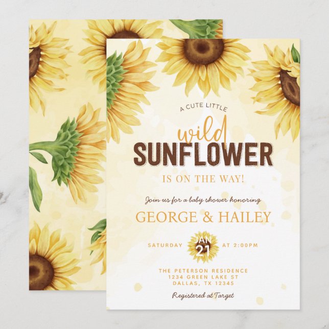 Invitation Baby shower de tournesol sauvage à l'aquarelle (Devant / Derrière)