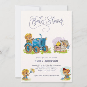 Invitation Baby shower de tracteur de ferme Teddy 