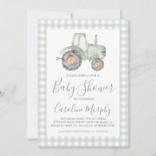 Invitation Baby shower de tracteur vert Preppy En vichy