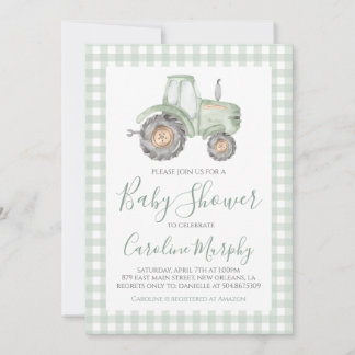 Invitation Baby shower de tracteur vert Preppy En vichy