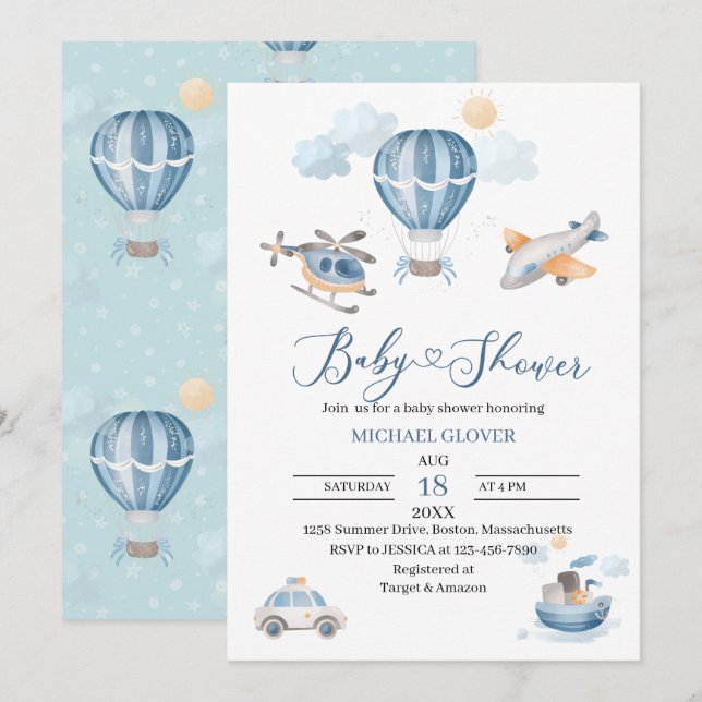 Invitation Baby shower de transport aquarelle (Devant / Derrière)