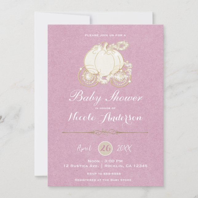 Invitation Baby shower de transport de Cendrillon d'or rose (Devant)