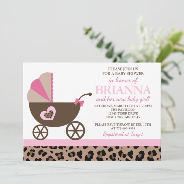 Invitation Baby shower de transport léopard et rose (Debout devant)