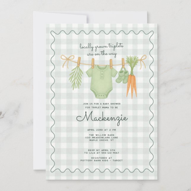 Invitation Baby shower de triplet de ligne de tissu cultivé l (Devant)