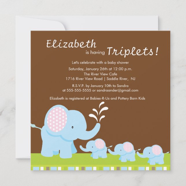 Invitation Baby shower de triplets d'éléphants de maman et de (Devant)